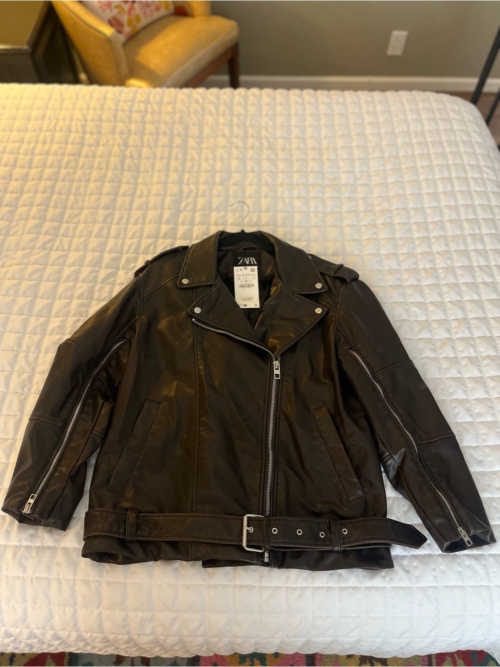 Zara Black Leather Moto Jacket with Belt Detail